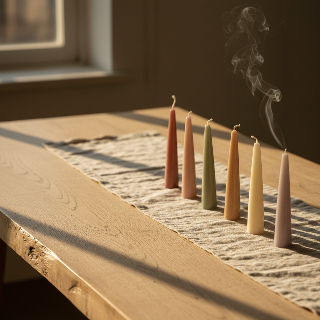 A collection of natural beeswax taper candles in varying muted pastel earth tones, elegantly arranged in a staggered row on a pale linen runner atop a raw ash wood table. Faint wisps of breath-like smoke drift upward from a recently extinguished candle, enhancing the focus on gentle, mindful respiration. Soft golden hour light filters in from the side, creating graceful shadows and subtle highlights that enhance the texture of the candles and wood grain. Framed with asymmetrical balance and a shallow depth of field, the image highlights refined details and an understated atmosphere. The photographic realism and minimalist composition reflect a sophisticated, contemplative ambience.